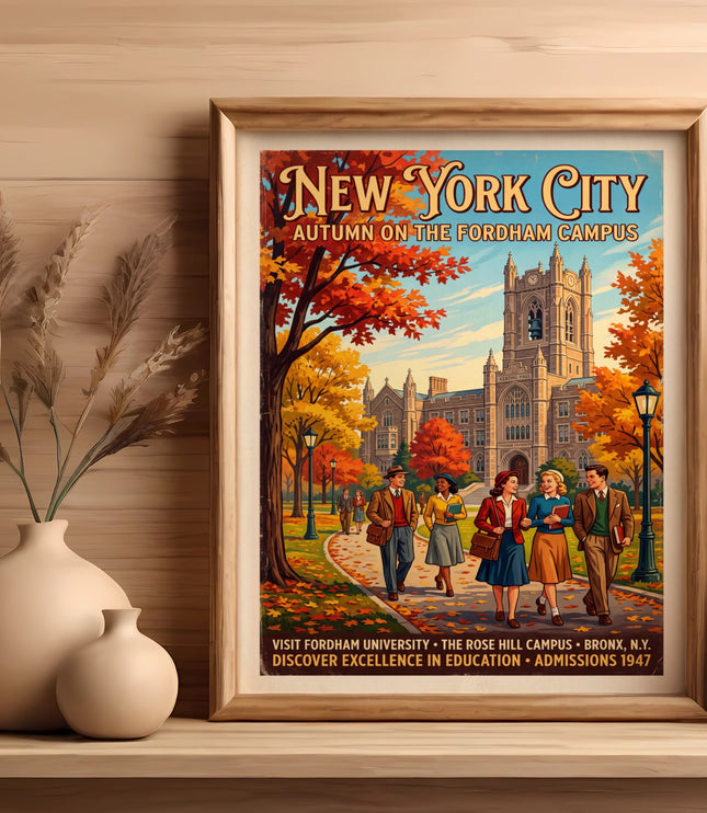 New York City Autumn on Fordham Campus poster with students and Keating Hall.