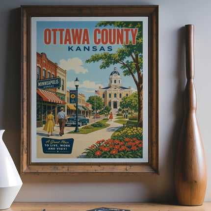 Ottawa County, Kansas vintage travel poster with town square and text.