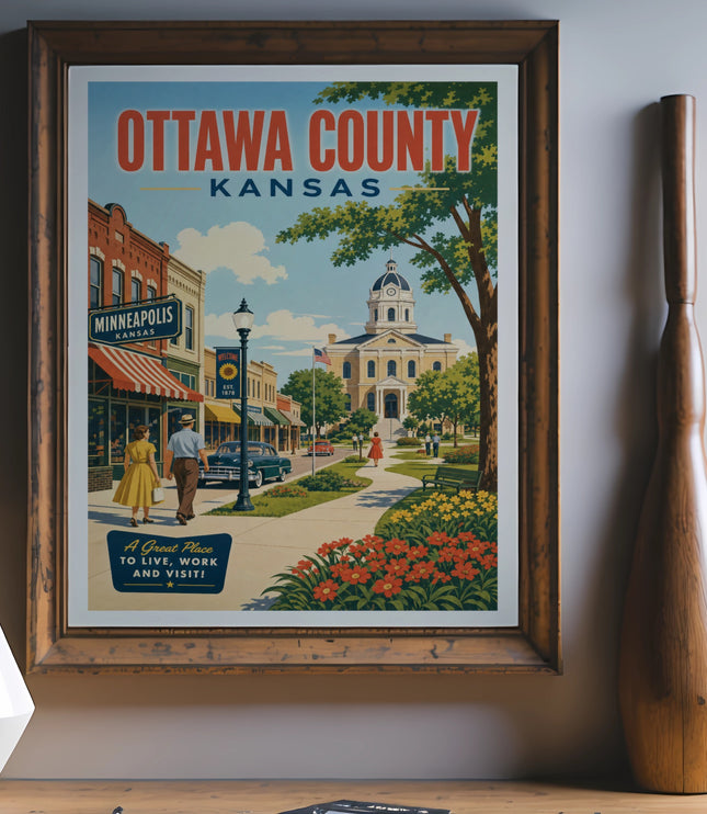 Ottawa County, Kansas vintage travel poster with town square and text.