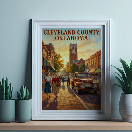 Cleveland County Oklahoma vintage street scene with people and classic truck.