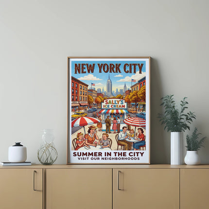 New York City poster showing people at Sally's Ice Cream, "Summer in the City."