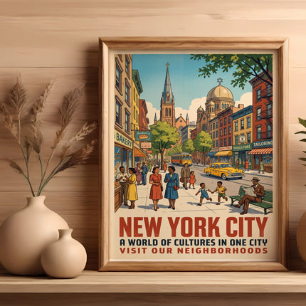 Vintage New York City poster with buildings, people, and yellow taxi.