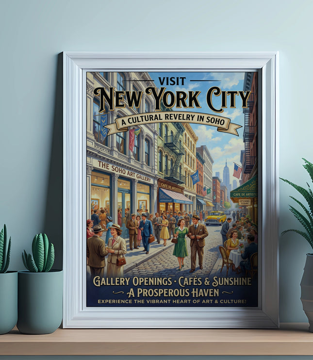 Vintage New York City SoHo art print depicting people on a street.