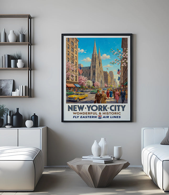 New York City vintage travel poster with St. Patrick's Cathedral and Eastern Air Lines logo.