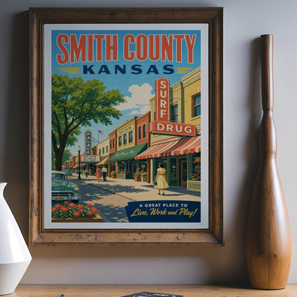 Smith County, Kansas vintage travel poster with a street scene and text.