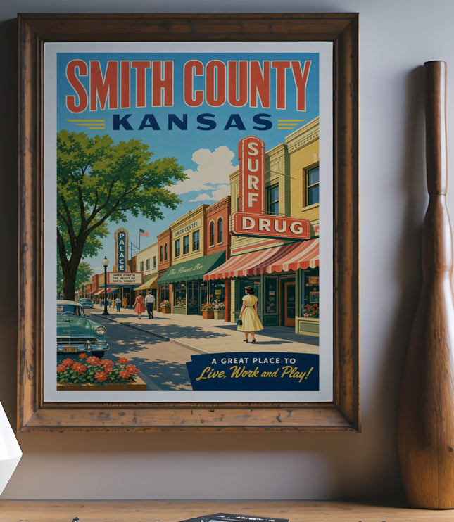 Smith County, Kansas vintage travel poster with a street scene and text.