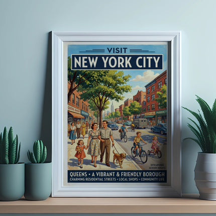 Vintage "Visit New York City" poster depicting Jackson Heights with people and shops.