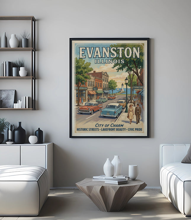 Vintage Evanston Illinois travel poster with street scene and text.