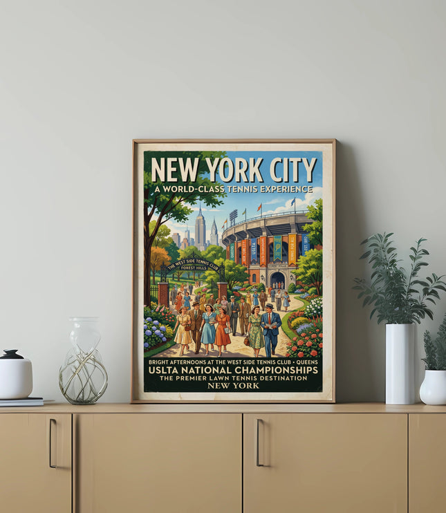 New York City USLTA National Championships poster at Forest Hills Tennis Club.