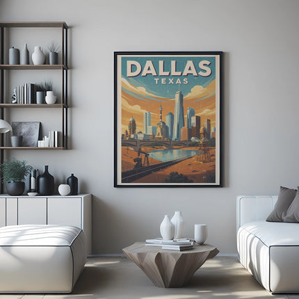 Dallas, Texas cityscape with skyscrapers in a vintage travel poster style.