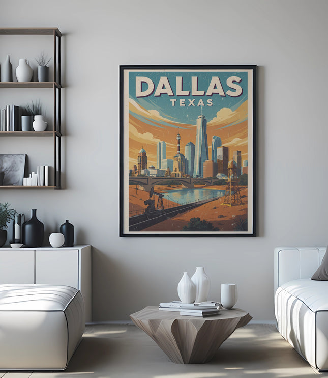 Dallas, Texas cityscape with skyscrapers in a vintage travel poster style.