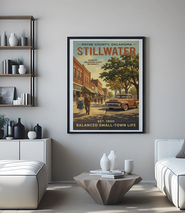 Stillwater Oklahoma travel poster showing a quaint street scene with a vintage truck.