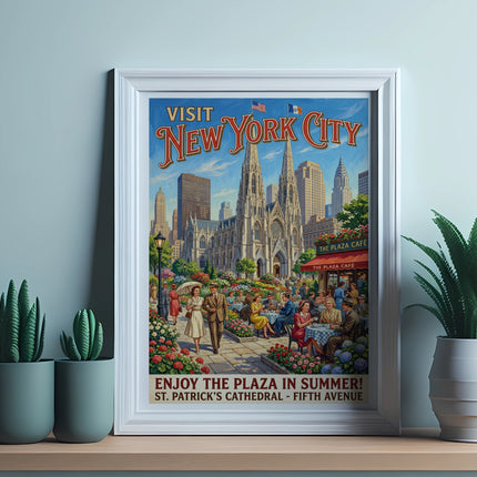 Vintage New York City poster featuring St. Patrick's Cathedral and a cafe scene.