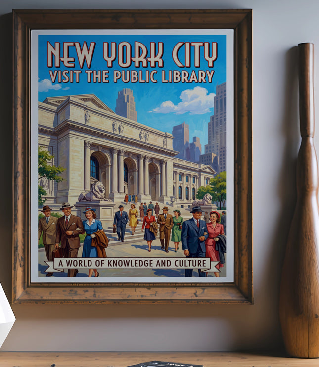 New York City Public Library vintage travel poster with people on stairs.