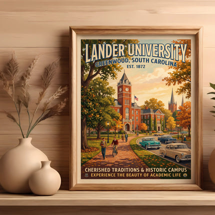 Lander University poster with historic campus, vintage cars, and text.