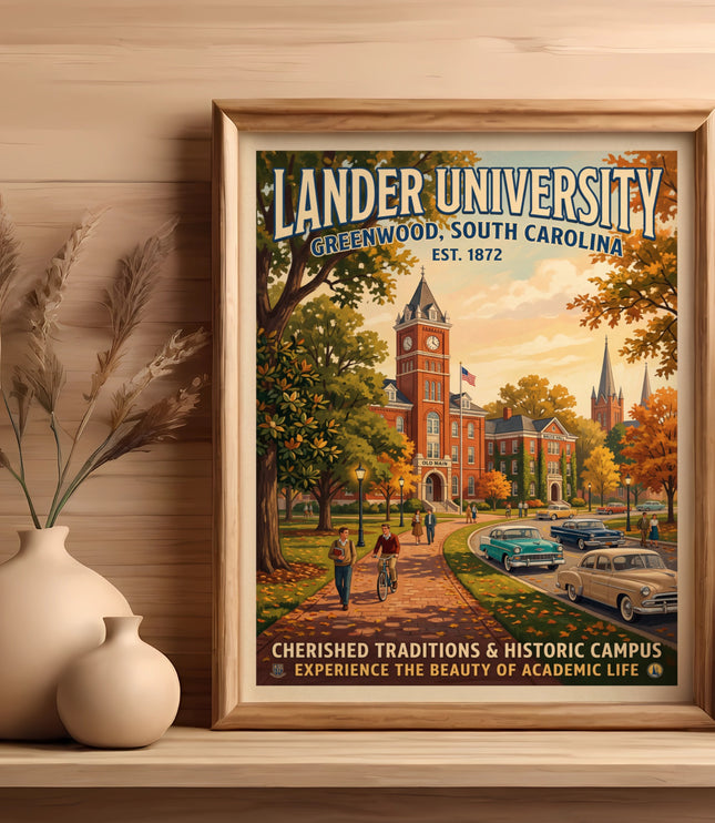 Lander University poster with historic campus, vintage cars, and text.