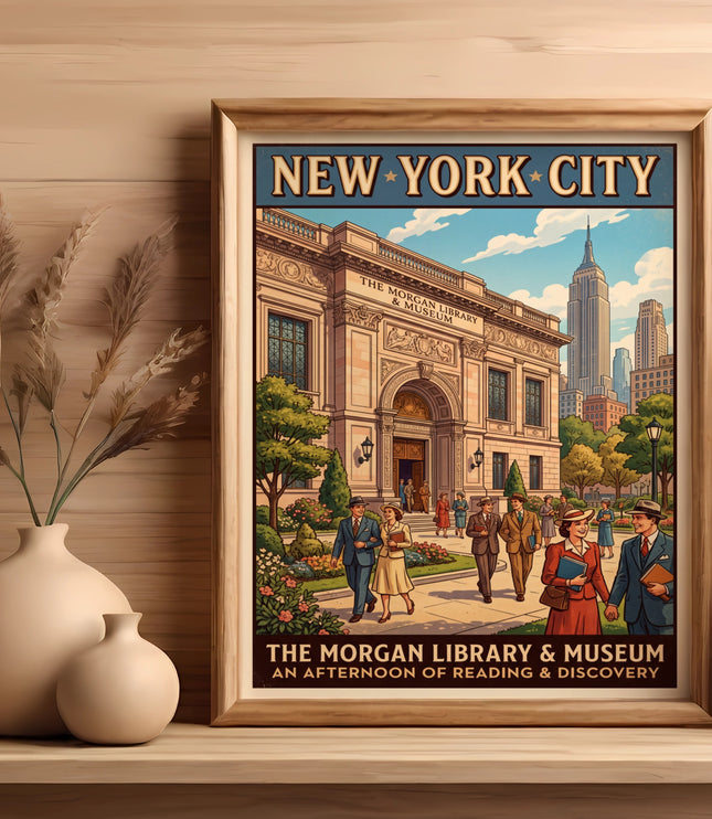 New York City art poster featuring The Morgan Library & Museum and Empire State Building.