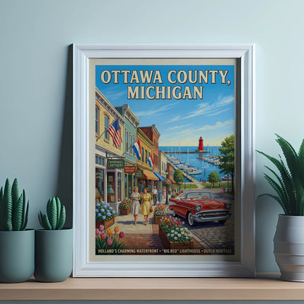 Ottawa County, Michigan vintage art with waterfront, lighthouse, and classic car.
