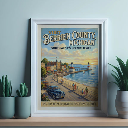 Vintage poster featuring Berrien County, Michigan, St. Joseph's downtown and pier.
