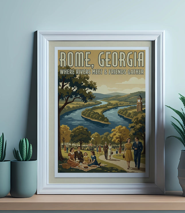 Vintage poster of Rome, Georgia with text "Rome, Georgia: Where Rivers Meet & Friends Gather."