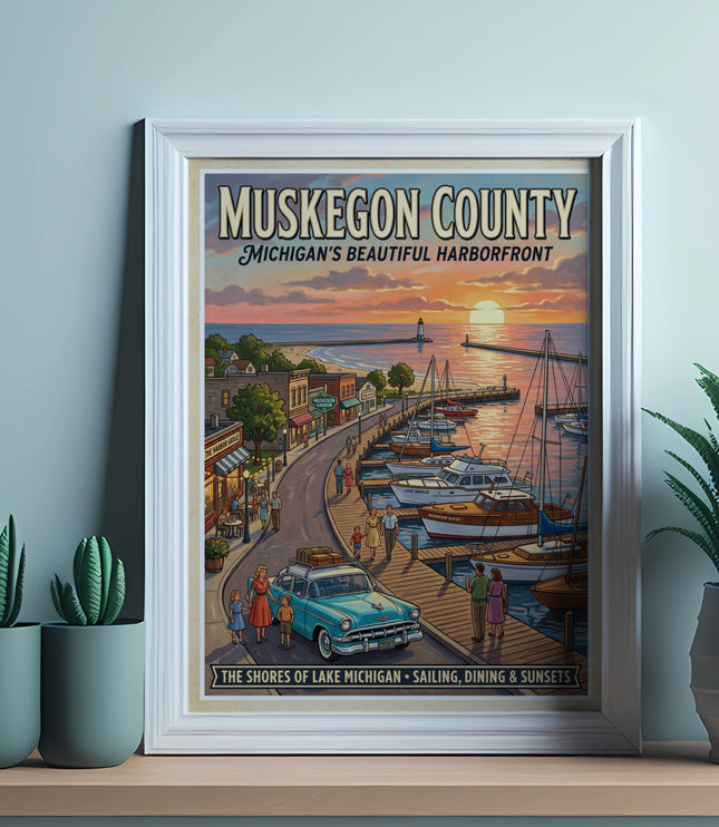 Muskegon County Michigan harborfront poster with boats, beach, and sunset.