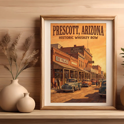 Prescott, Arizona Historic Whiskey Row painting with old cars and buildings.