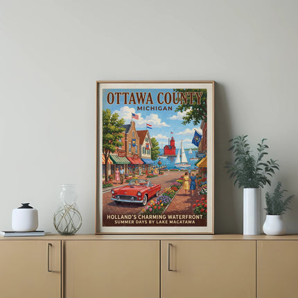 Ottawa County Michigan vintage travel poster of Holland's waterfront with red car.