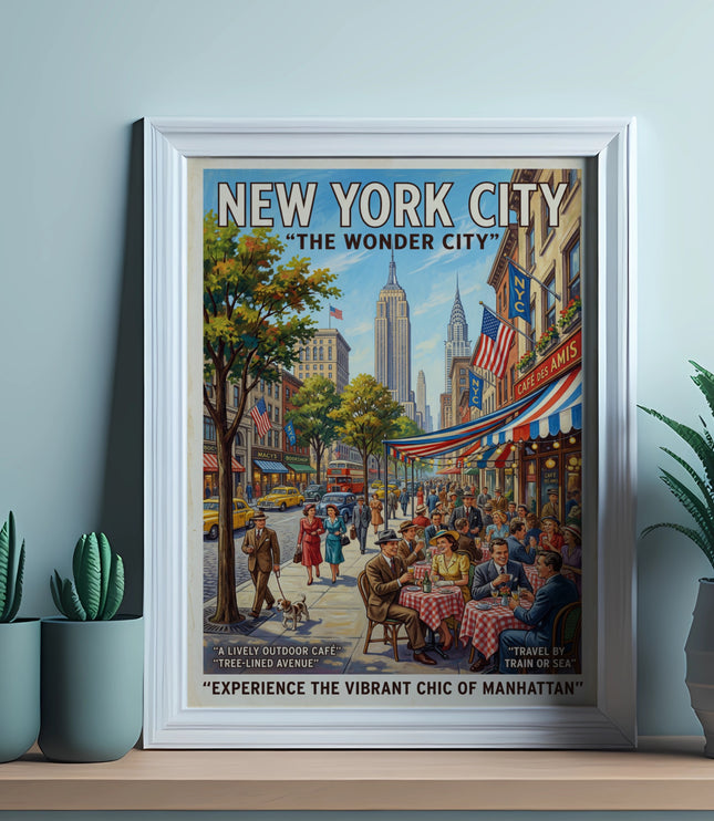 New York City vintage travel poster of a bustling street scene with cafes and buildings.