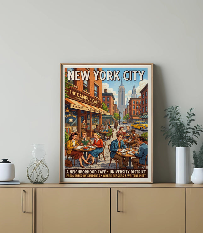 New York City poster of The Campus Cafe, a neighborhood cafe in the university district.