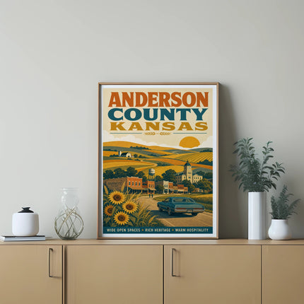 Anderson County, Kansas travel poster with vintage car and sunflowers.