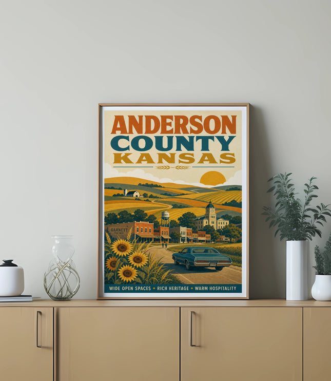 Anderson County, Kansas travel poster with vintage car and sunflowers.
