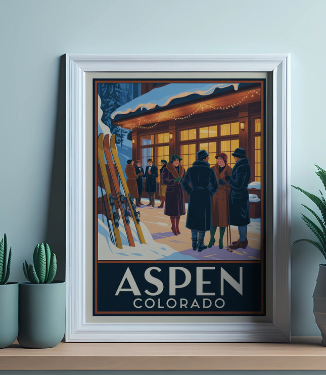 Framed vintage travel poster for Aspen, Colorado, showing people skiing.