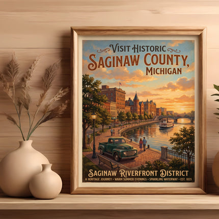 Vintage poster for Saginaw Riverfront District, Michigan with a river, historic buildings, and a classic truck.