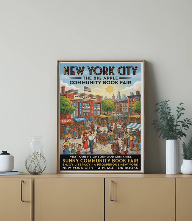 New York City Community Book Fair poster showing people browsing books outside library.