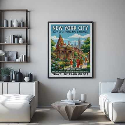 New York City travel poster with mandir, skyscrapers, and colorful buildings.