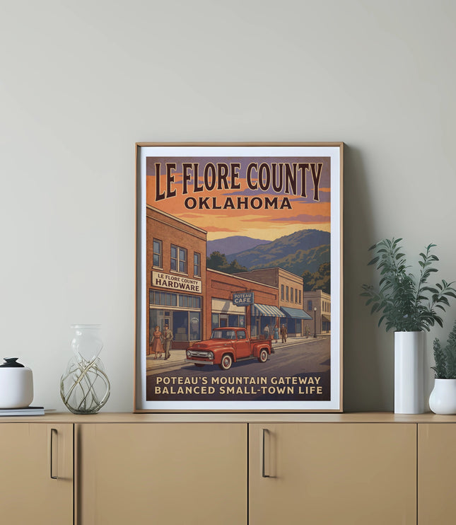 Le Flore County, Oklahoma vintage travel poster of a town scene with a red truck.