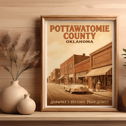 Pottawatomie County, Oklahoma, Shawnee Historic Main Street vintage travel poster.