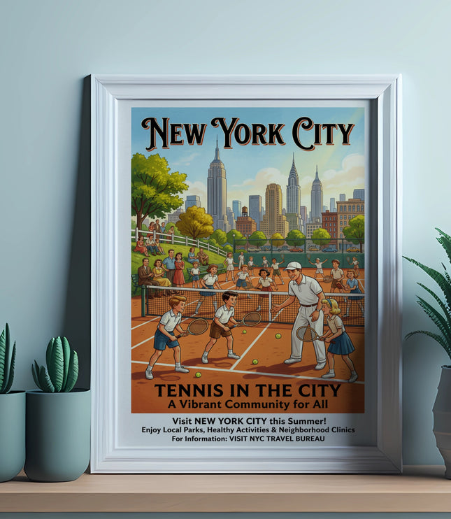 New York City poster shows people playing tennis with Empire State Building in background.