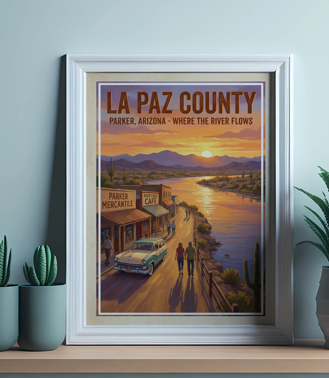 La Paz County Arizona poster with river, sunset and vintage car.