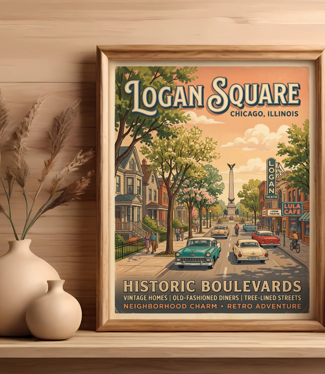 Logan Square Chicago Illinois art depicts vintage street scene and cafes.