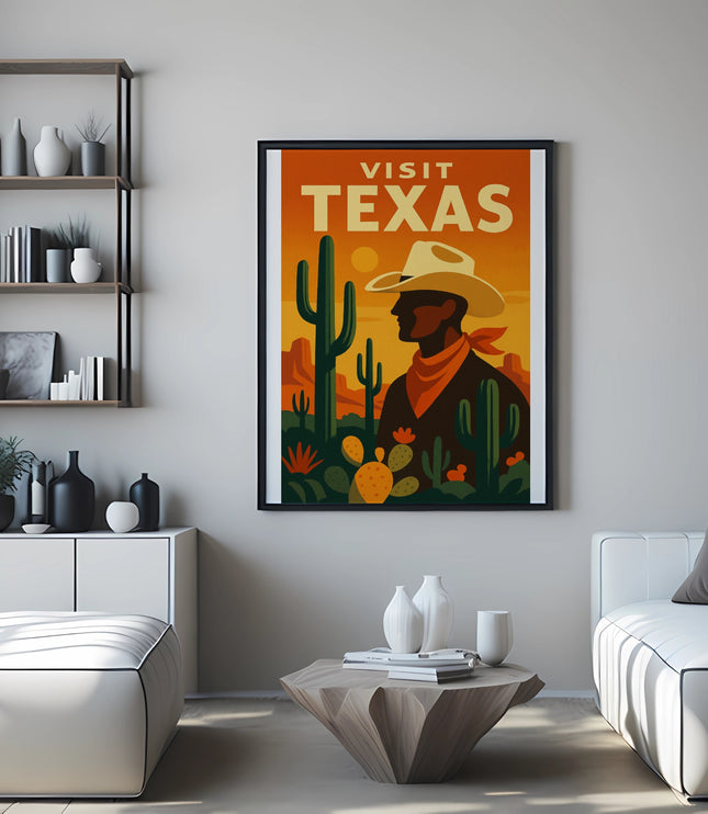 Framed "Visit Texas" poster with cowboy silhouette, cacti, and desert landscape.