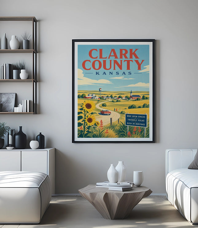 Clark County Kansas travel poster with wide open spaces and friendly folks.