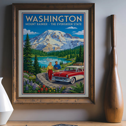 Vintage Washington Mount Rainier travel poster with couple and classic car.
