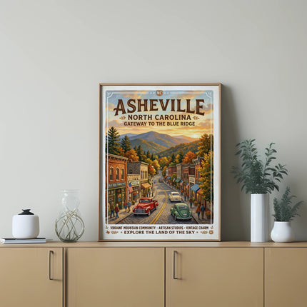Vintage Asheville North Carolina travel poster with a street scene and mountains.