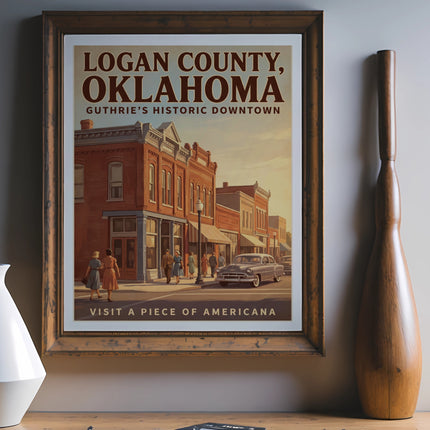 Guthrie's Historic Downtown, Logan County, Oklahoma vintage poster with people and car.