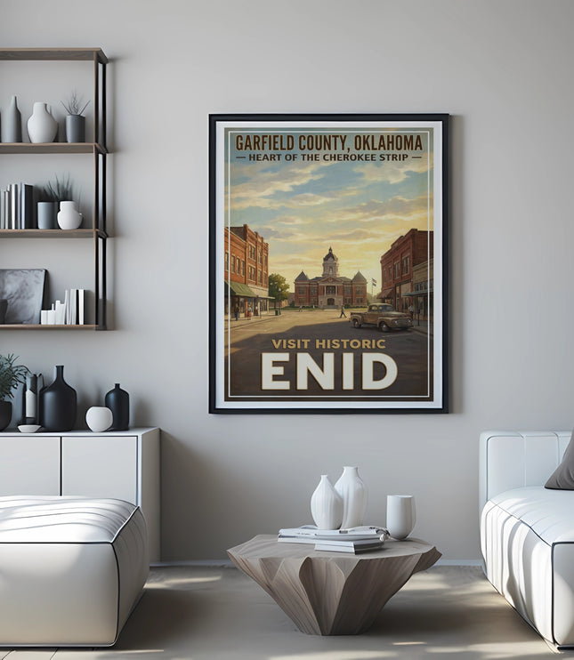 Vintage travel poster for Enid, Oklahoma, with courthouse and brick buildings.