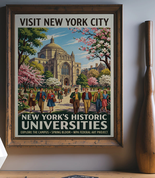 Vintage poster: Visit New York City, New York's Historic Universities.