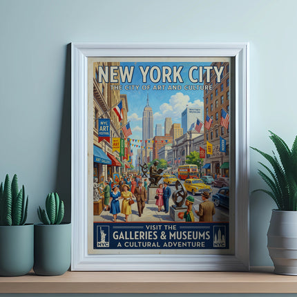 New York City art festival poster with galleries, museums, and architecture.