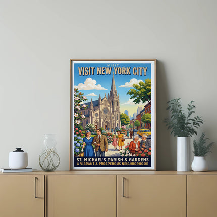 Vintage poster of St. Michael's Parish & Gardens in New York City.