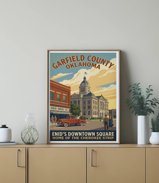 Garfield County Oklahoma poster: Enid's downtown square, vintage truck and buildings.